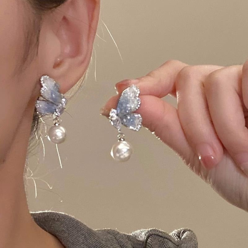 Pendientes de aleación de ala de mariposa de cristal al por mayor